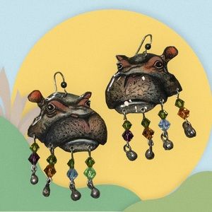 Vintage handpainted African River hippos earrings jewelry wildlife
